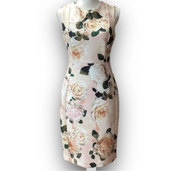 Calvin Klein Floral Print Scuba Sheath Blush Multi Colored Crew Neck Dress - Picture 10 of 11